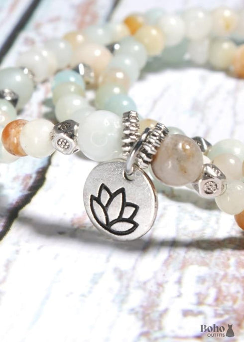 Boho Bracelet, Layers Green Amazonite Mala Mantra Lotus